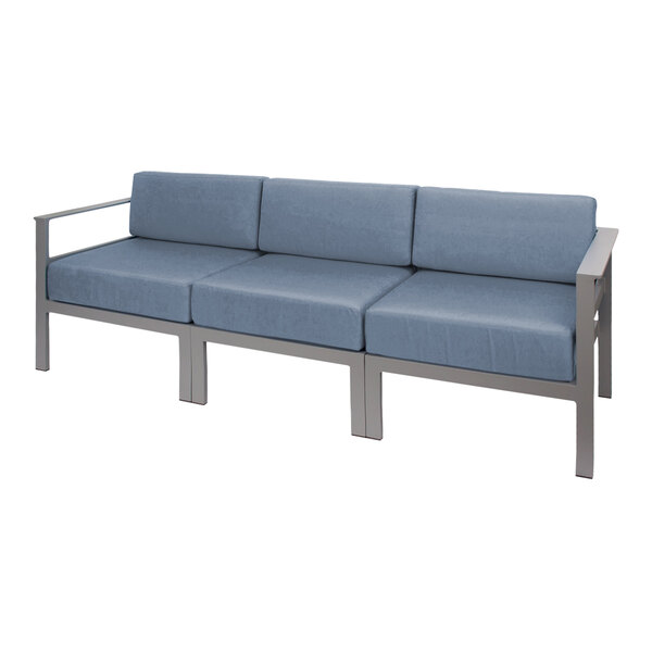 A BFM Seating Belmar gray sofa with Sunbrella Haze cushions on a metal frame.