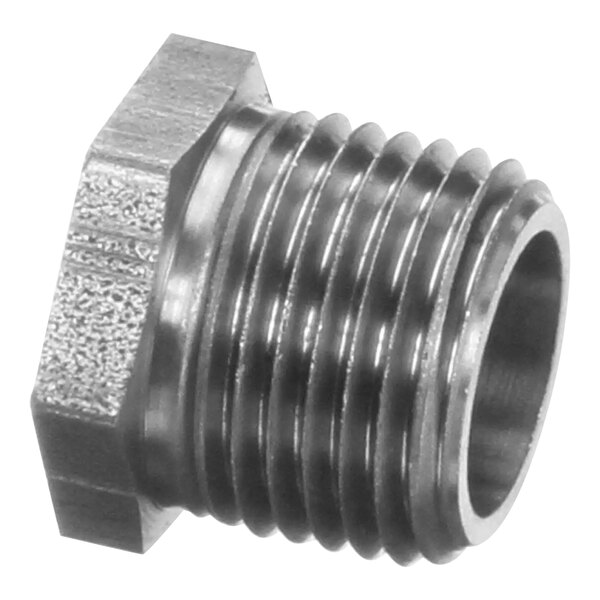 A close-up of a metal nut threaded onto a Cleveland 1/2X3/8 hex bushing.
