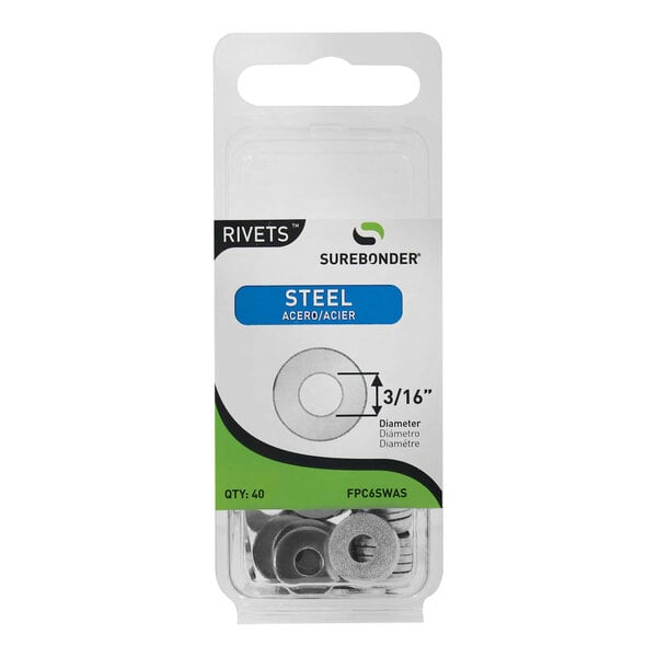 A package of steel rivet washers with a blue and green label.