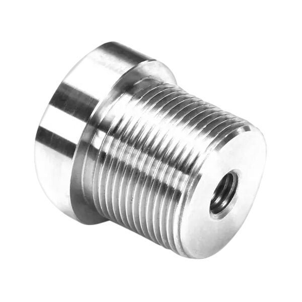 A close-up of a Cleveland Caster Sleeve, a silver metal object with a threaded sleeve.