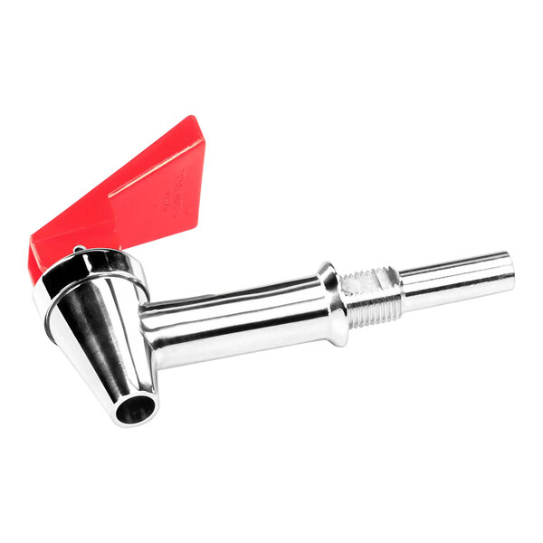 A silver metal faucet with a red handle.