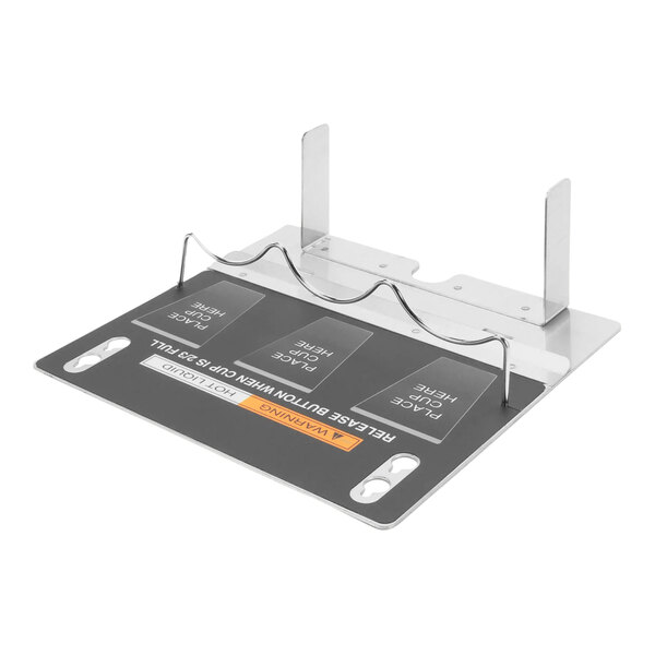 A metal panel with a black and white label with white text.