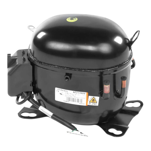 A black True Refrigeration air compressor with a metal housing.