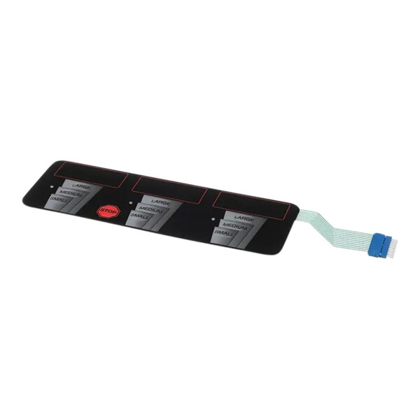 A black rectangular Bunn membrane switch with red and white labels.