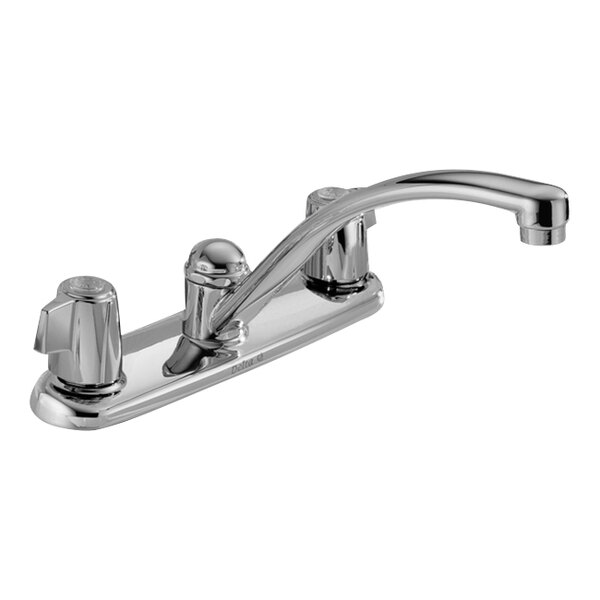 A Delta chrome deck-mount kitchen faucet with blade handles and a swing spout.