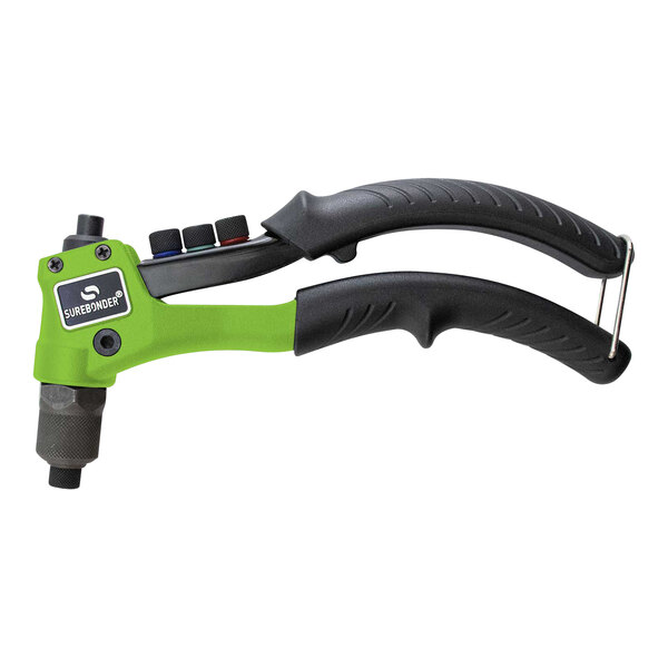 A close-up of a green and black Surebonder Heavy-Duty Professional Compact Rivet Tool with a handle.