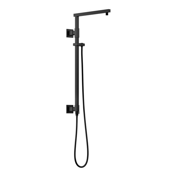 A matte black Delta shower column with a hose and hand held shower head.