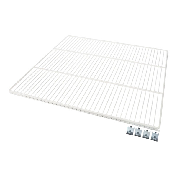 A white wire shelf for a True Refrigeration Gdm-23F with metal clips and screws.