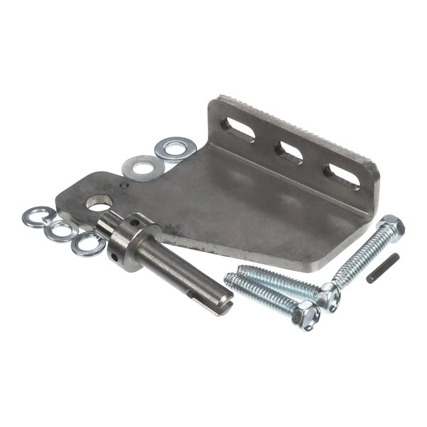 A metal piece with screws and bolts for a True Refrigeration bottom hinge.