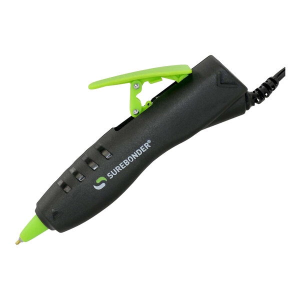 A black and green Surebonder mini hot glue pen with a green cord.