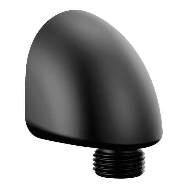 A matte black plastic wall elbow with a screw for handheld showers.