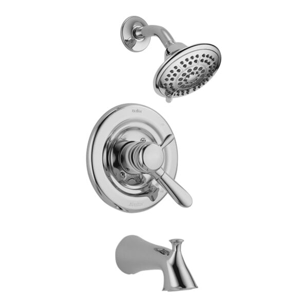 A close-up of a Delta Lahara bath and shower trim kit in chrome.