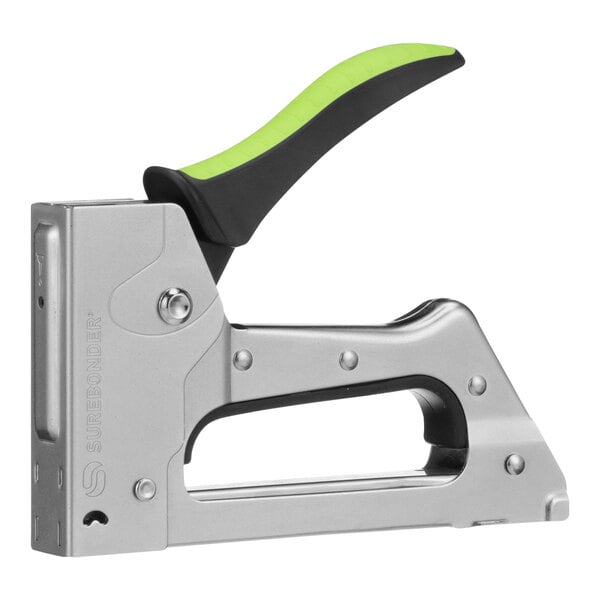 A Surebonder staple gun with a black and green handle.