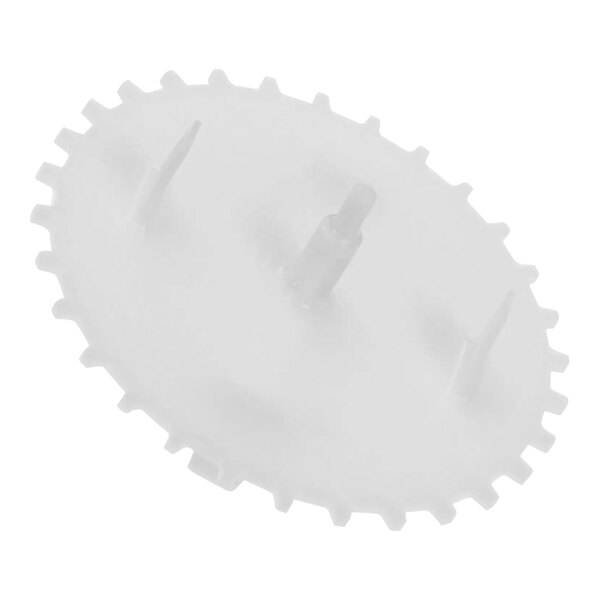 A white plastic gear wheel with three pegs.