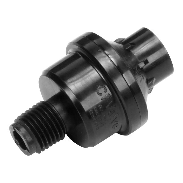 A black plastic threaded valve with a nut.