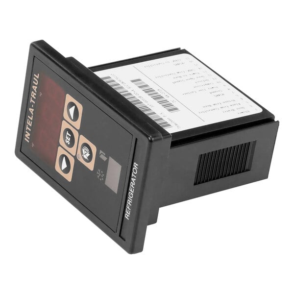 A black rectangular Traulsen digital temperature controller with a screen and a barcode.