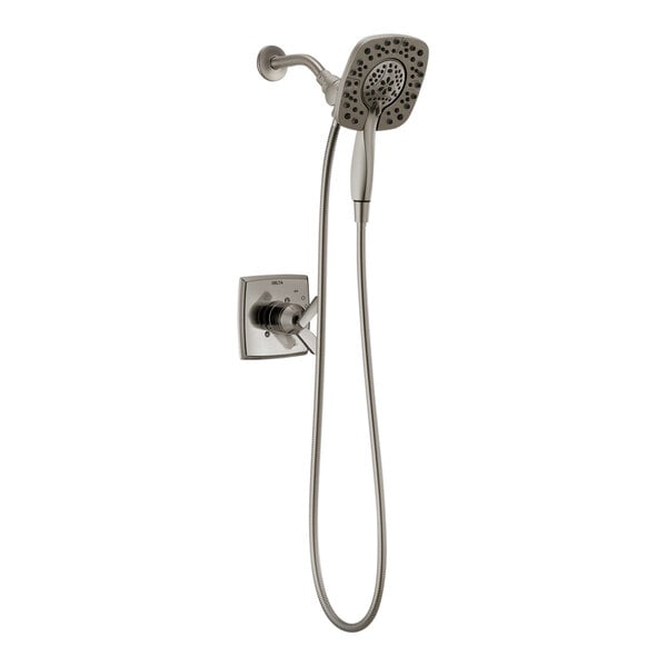 A Delta stainless steel shower head with a hand held shower head on a hose.