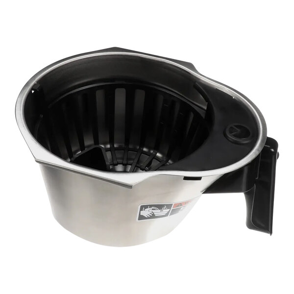 A silver and black Bunn coffee funnel with a black handle.