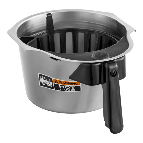 A stainless steel Bunn funnel assembly with a black handle and a warning label for hot liquid.