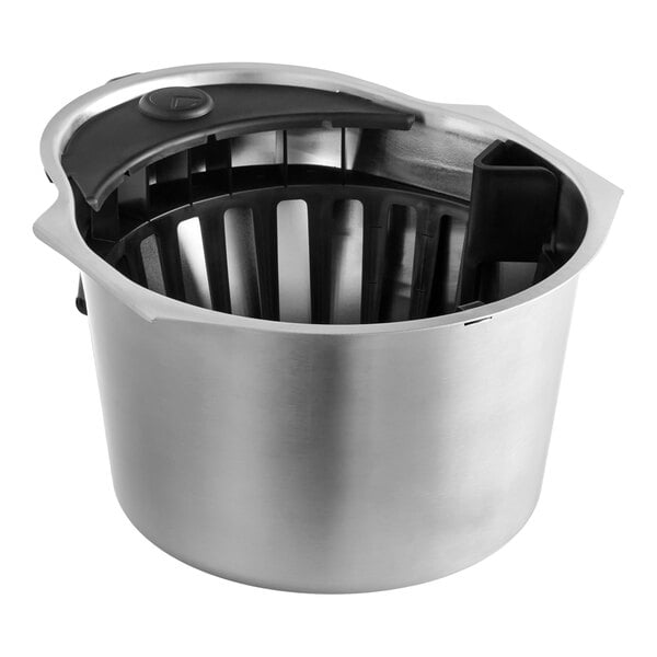 A stainless steel coffee maker funnel assembly with a black plastic top and internal filter basket.