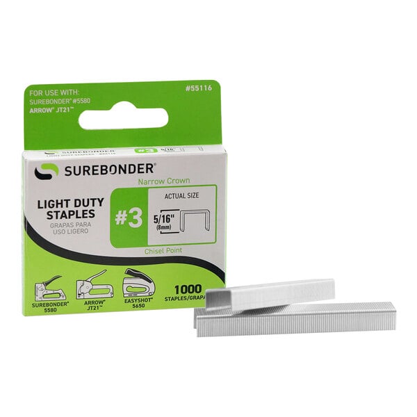 A white box of Surebonder #3 light-duty narrow crown staples with a green label.