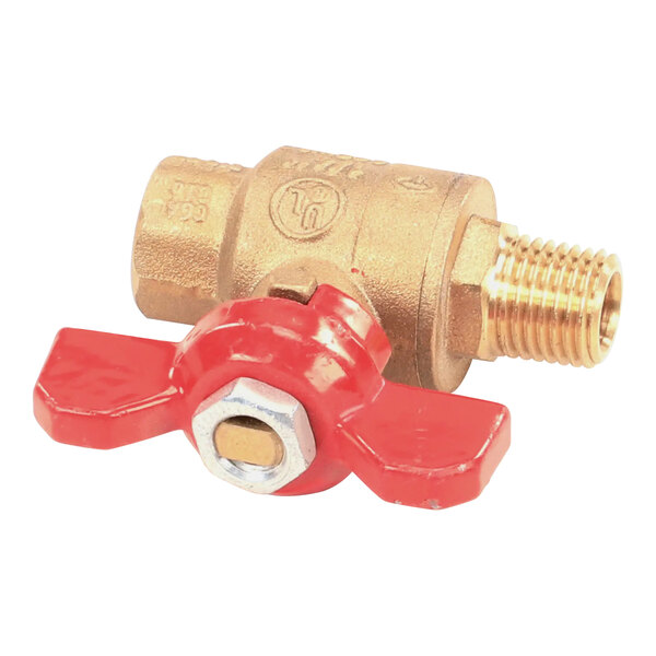 A close-up of a brass Cleveland ball valve with a red handle.