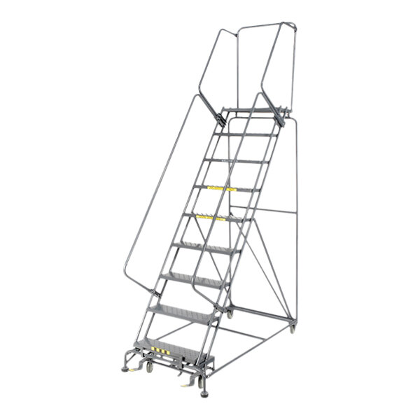 A Ballymore gray steel rolling safety ladder with expanded metal steps and a handrail.