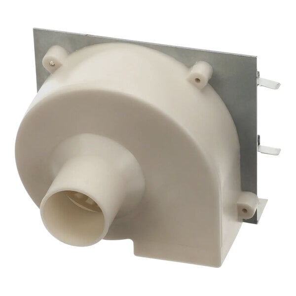 A white plastic Bunn fan with a metal frame.
