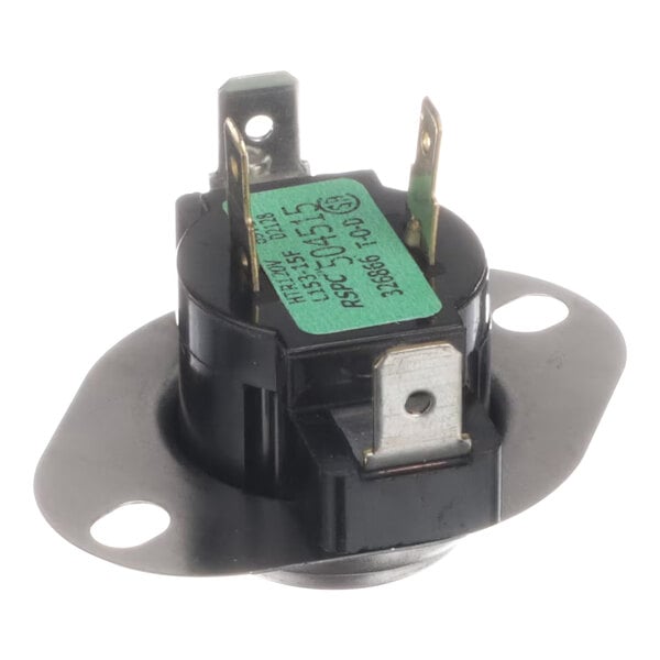 A black and green thermostat with a green label.