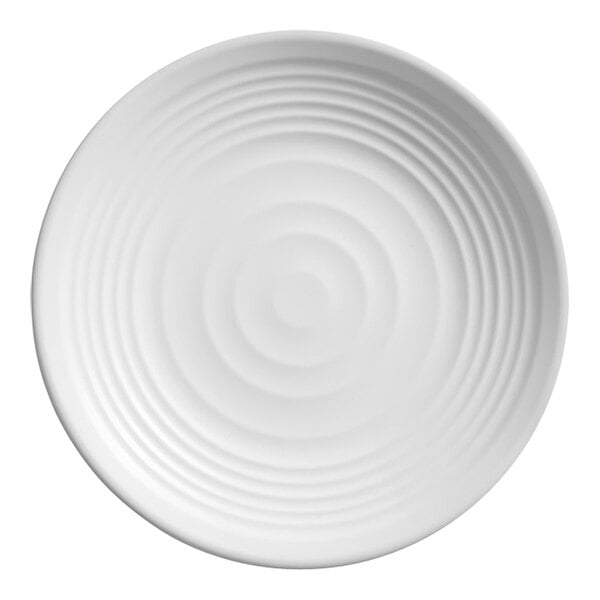 An American Metalcraft white melamine plate with a spiral pattern in the center.