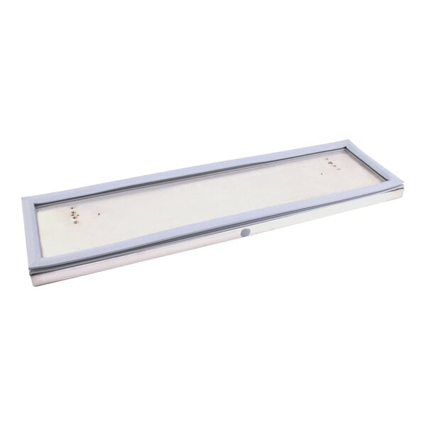 A rectangular white metal drawer face with a white border.