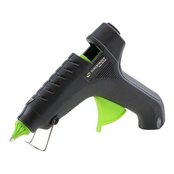 A black and green Surebonder low-temperature hot glue gun with a green handle.