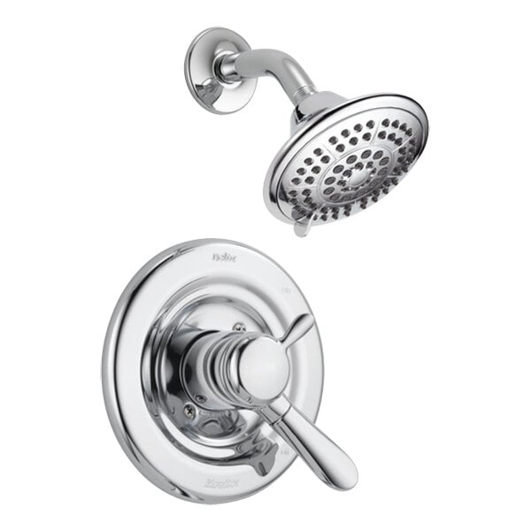A Delta Lahara T-Series chrome shower head and faucet.