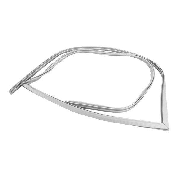 A close-up of a white rubber seal with a silver metal strip.