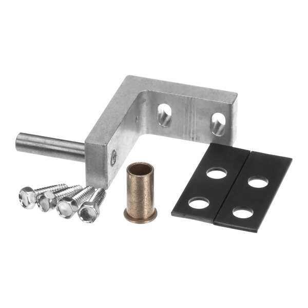 A black metal rectangular corner with holes and screws.