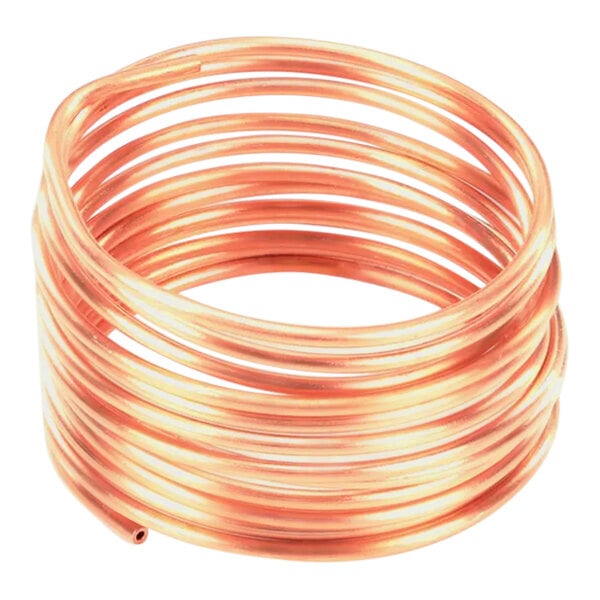 A close up of a coil of copper tubing with a label.