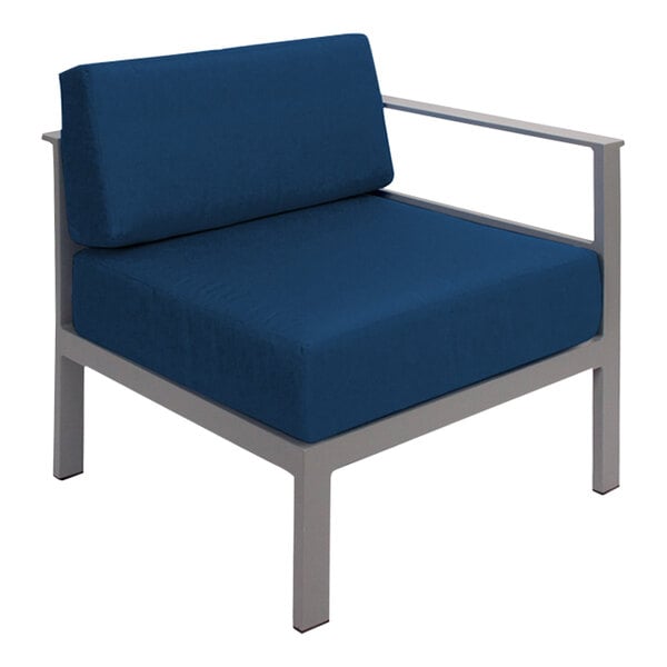 A BFM Seating Belmar blue metal left arm chair.