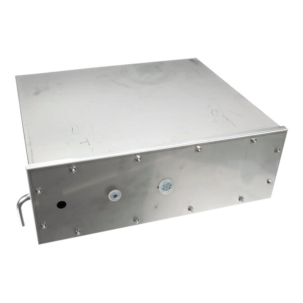 A metal box with holes and screws.