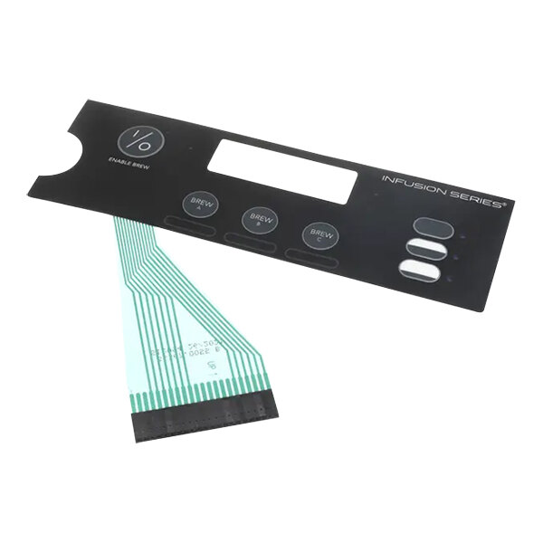 A black rectangular Bunn switch with white buttons and a green strip.