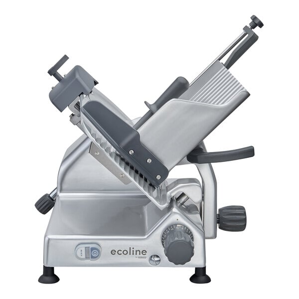 A close-up of the Ecoline by Hobart medium-duty meat slicer with a metal blade.