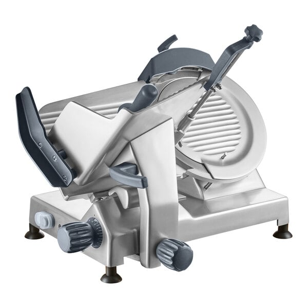 A medium-duty manual meat slicer with a 12-inch blade and adjustable controls.
