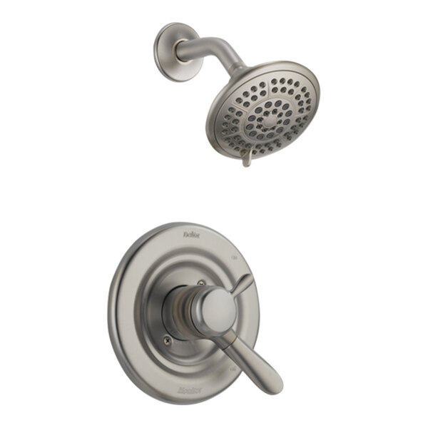 The stainless steel Delta Lahara T-Series shower and valve trim kit.