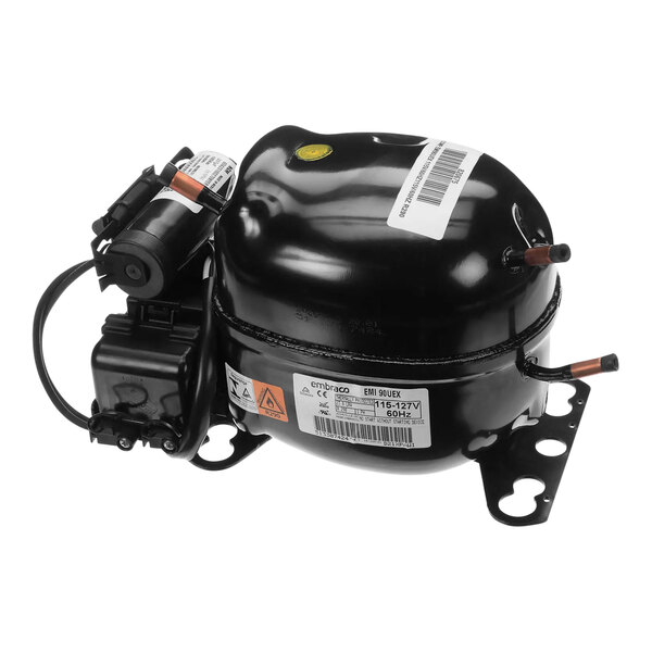 A black True Refrigeration compressor with a white label.