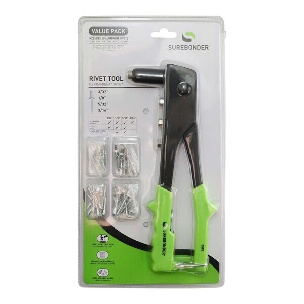 A black and green Surebonder Heavy-Duty Rivet Tool kit in a package.