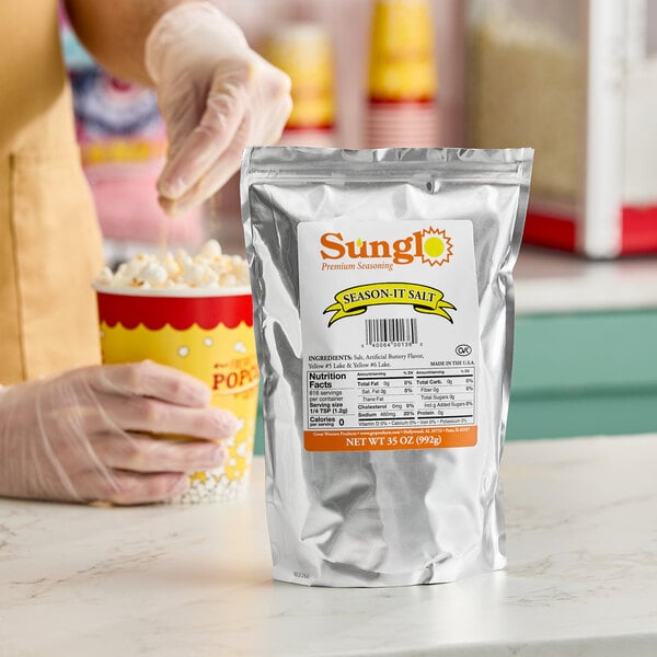 A 35 oz. bag of Sunglo Season-It Buttery Popcorn Salt.