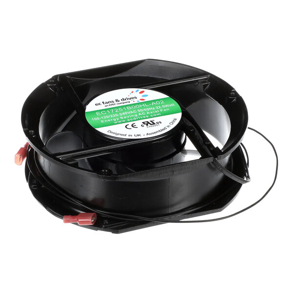 A black Traulsen AC variable frequency motor fan with wires and a white label.