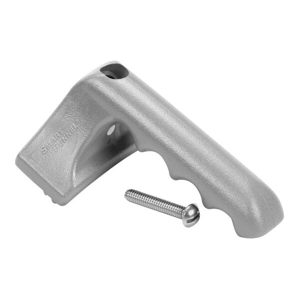 A grey plastic handle with a screw.