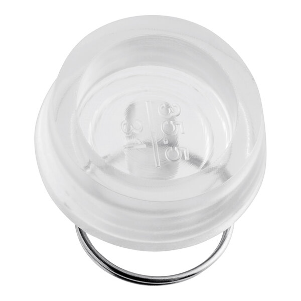 A clear plastic container with a metal ring.