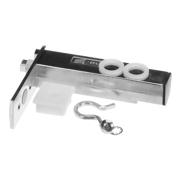 A metal True Refrigeration hinge with two hooks and a white circle on the end.