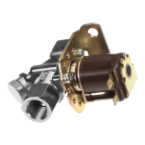 A Bunn water inlet valve with a metal housing and brass nut.
